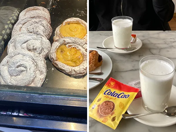 (左)螺旋麵包Ensaimada (右)巧克力牛奶Colacao