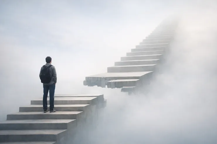 樓梯延伸進霧裡，中段出現斷層的空隙