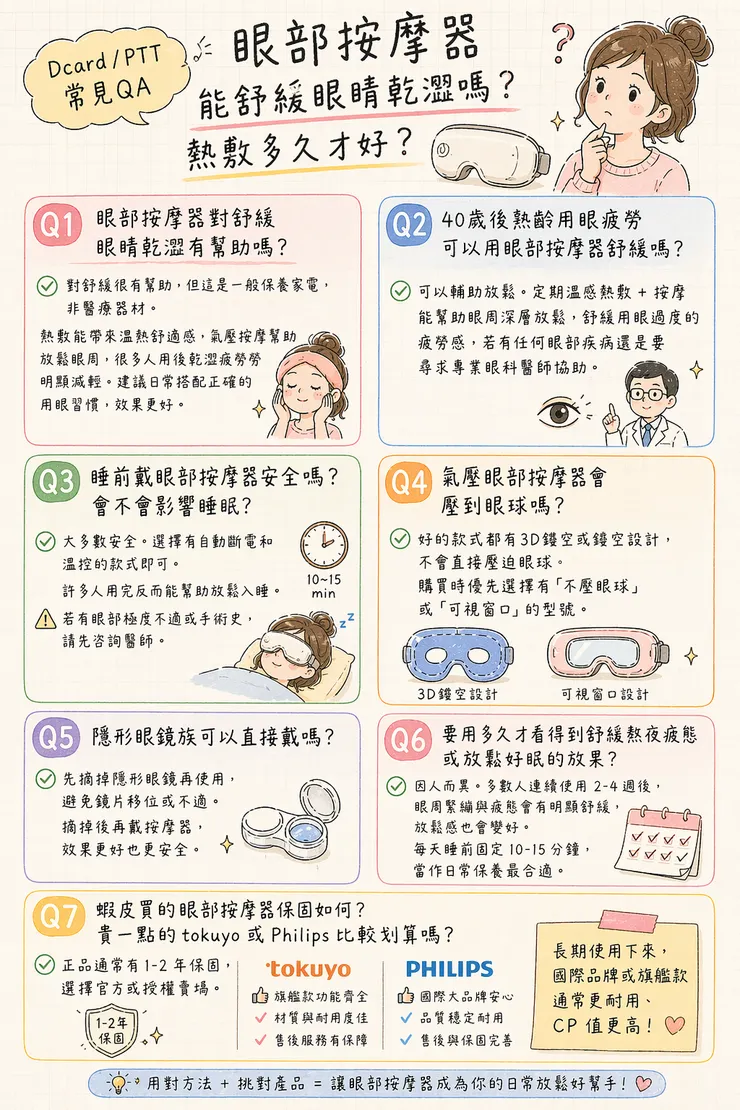 【DcardPTT常見QA】眼部按摩器能舒緩眼睛乾澀嗎？熱敷多久才好？