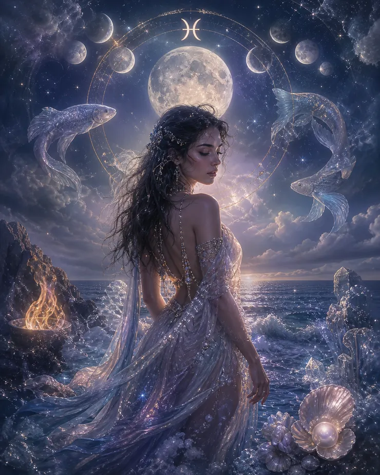 夢幻神祕的雙魚座5月運勢圖，月光海洋中有女性、星空、月相、雙魚符號與發光魚群。
