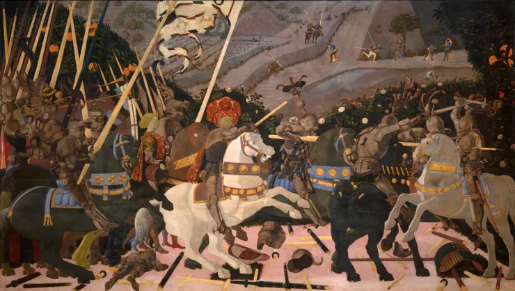 圖十七：1438-40, Niccolò Mauruzi da Tolentino at the Battle of San Romano, 182 x 320 cm, National Gallery, London. Niccolò da Tolention 領軍。氣勢如虹，殲滅敵人。