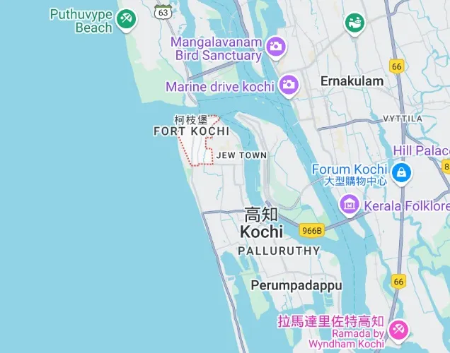 google map上的Kochi， Kochi的中文被翻成科欽/高知/柯枝...冷門的地方翻譯名字百百種