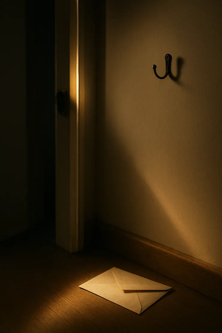 半掩的門、鎖舌收回，門縫光落地；牆上留一只空掛鉤、桌上半封信封。