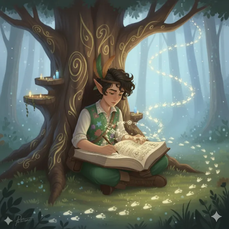 主角坐在一棵有著神奇紋理的大樹下，手裡拿著一支發光的魔法筆，正在一本厚重的書上仔細地寫下東西。書本的頁面閃爍著微光，筆尖流瀉出的光線在紙上形成數據、圖表和符號。在他的身後，一條蜿蜒的發光小徑延伸到遠方，小徑上每一個腳印都變成了閃亮的星點。他的表情專注而認真，象徵著對過去旅程的尊重與珍惜。