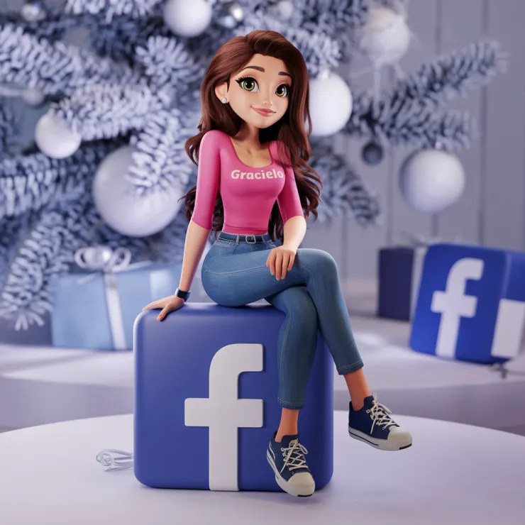 A 3D render of a casual animated brunette girl named Graciela, sitting on top of a Facebook logo. She is wearing a pink top with the text "Graciela", jeans, and sneakers. The background contains a Christmas tree with ornaments and the Facebook logo.