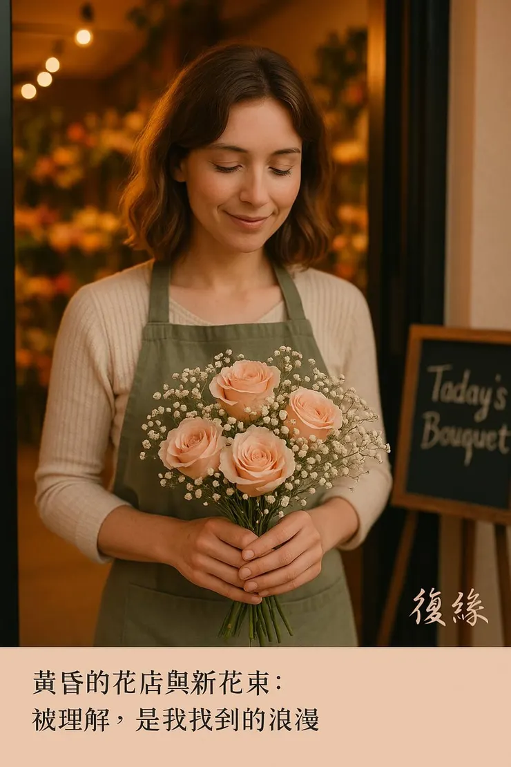 花藝設計師在黃昏的花店門口捧著花束,象徵重新被愛的開始