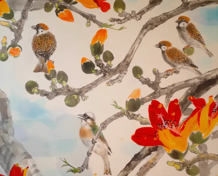 〈四月天晴〉局部－麻雀、白頭翁