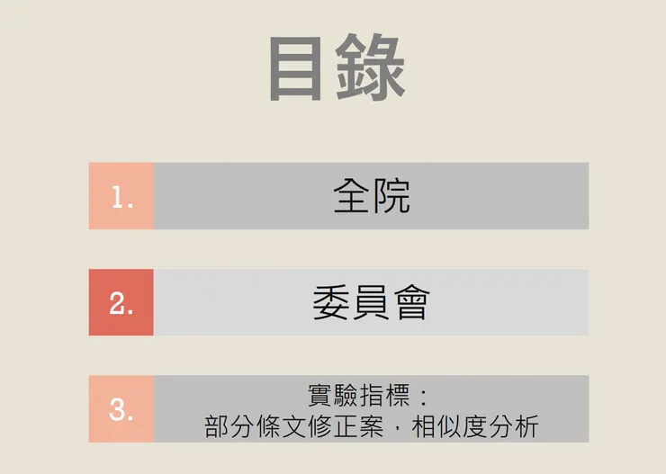 簡報結構：全院、委員會、實驗指標
