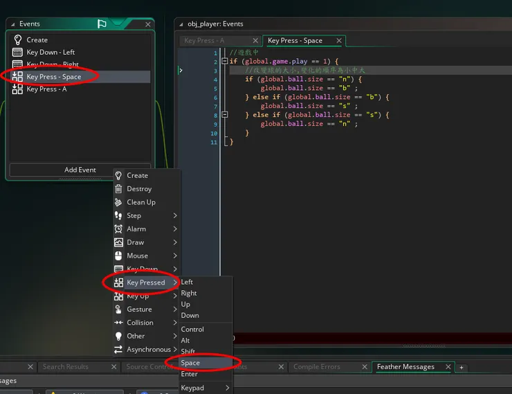 設定obj_player的Key Press - Space事件