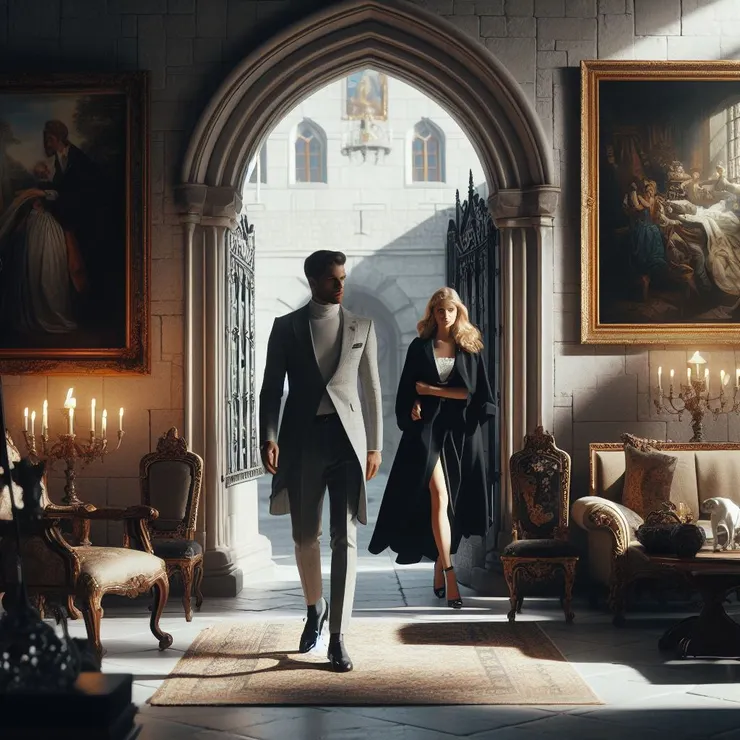 他們進入城堡，立刻感受到了這個地方的神秘氛圍。走廊兩旁的燭臺點亮了通往前方的路，牆上掛著古老的油畫，每一幅都散發著歷史的氛圍。