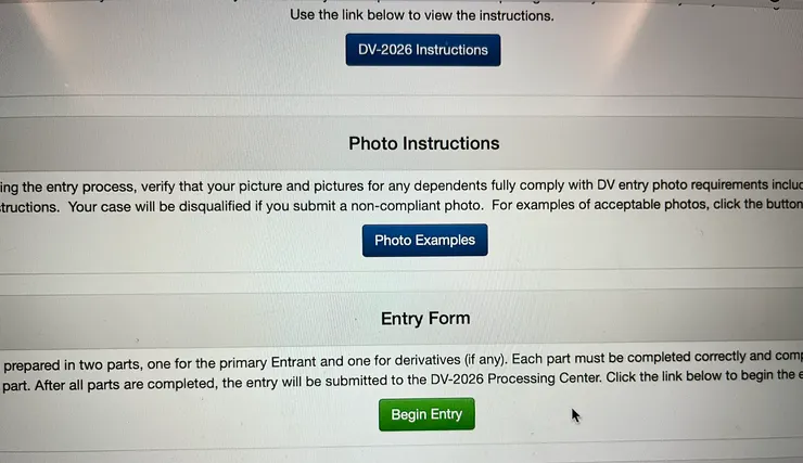 主申請網頁，點選Begin Entry