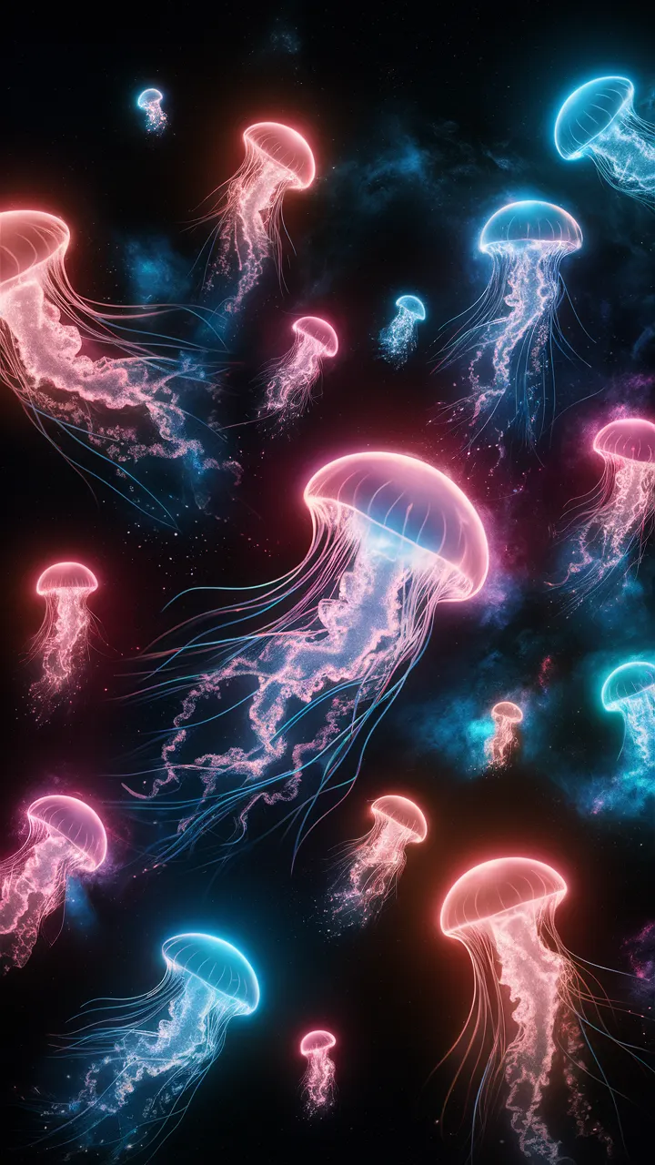 An otherworldly scene of neon-lit jellyfish gracefully floating in the vast expanse of outer space. Each jellyfish is illuminated by a vibrant glow, casting a kaleidoscope of colors onto the surrounding cosmic backdrop. The nebulae and stars create a mesmerizing, celestial tapestry that contrasts and complements the bioluminescent creatures. The overall atmosphere is one of enchantment and wonder, as if exploring a hidden, luminous corner of the universe.