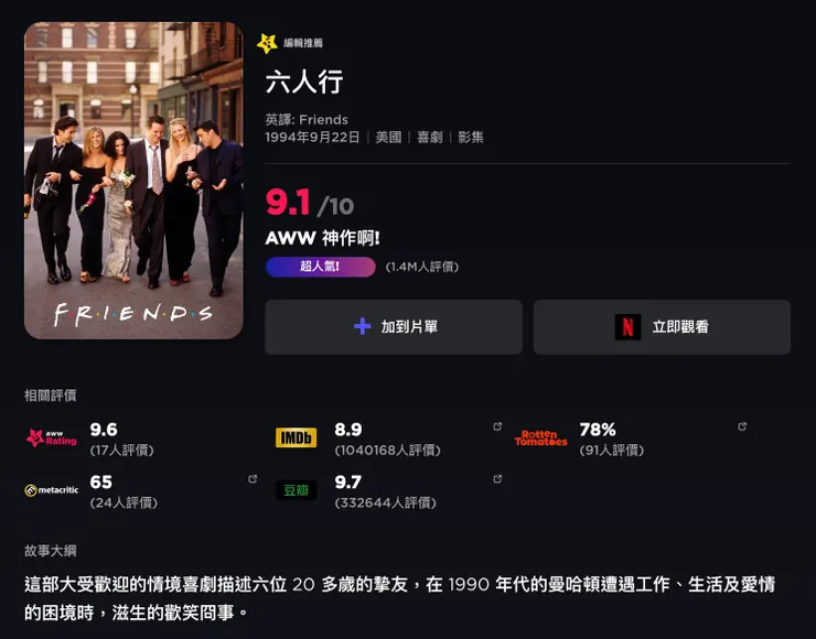 六人行 | 評價 9.1/10  | awwrated | 你的 Netflix 及 Disney+ 避雷好幫手