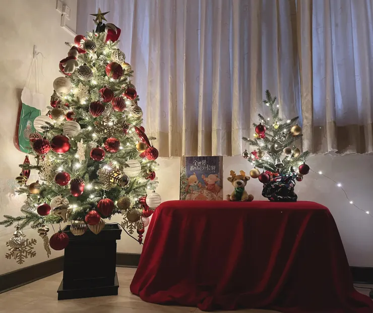 這是我們每天回到家,最喜歡看到的畫面,小貝也會每天圍著聖誕樹看,在旁邊玩。