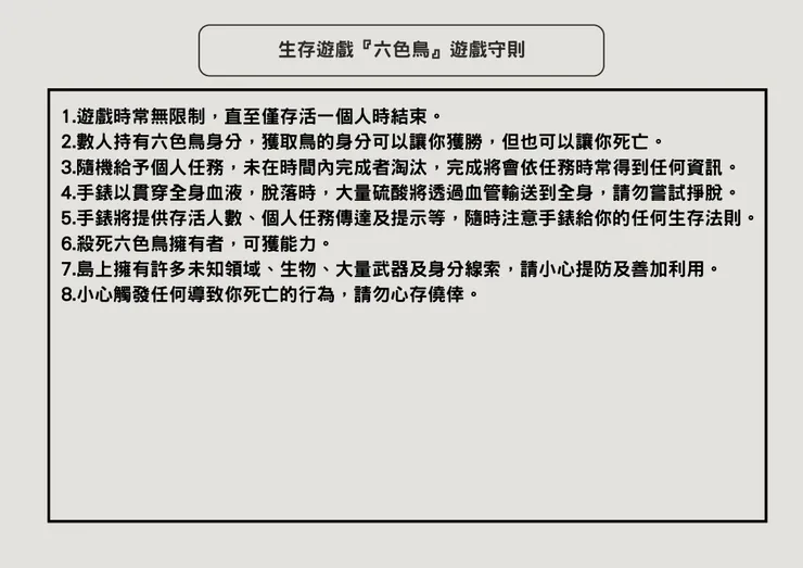 生存遊戲『六色鳥』現有守則
