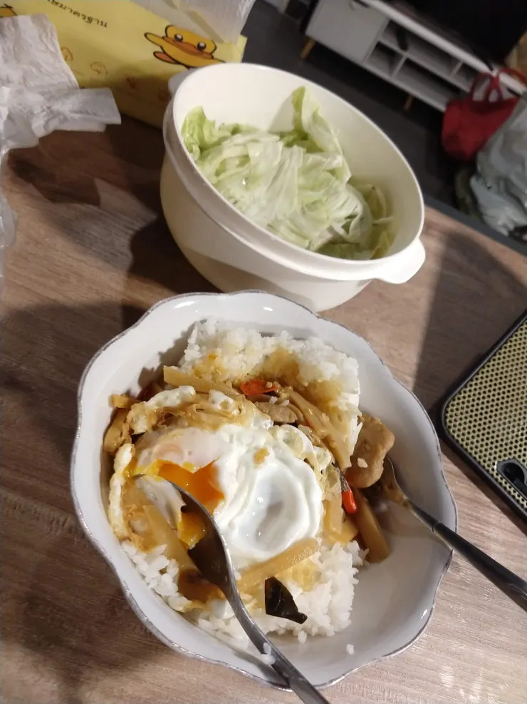 這盒飯跟平時的不同，不是辣肉碎，也不是雞腿。美食街最前段比較接近出租屋的地方有一檔賣這種肉片飯。跟辣肉碎飯一樣是辣的，也有竹筍，價錢一樣，但份量較少。  這是某天的午餐，所以有興致煮菜