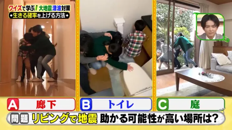 其實庭院跟廁所都不安全，尤其廁所容易門變形卡住出不來，所以沒有其他東西的走廊是最安全的地方。