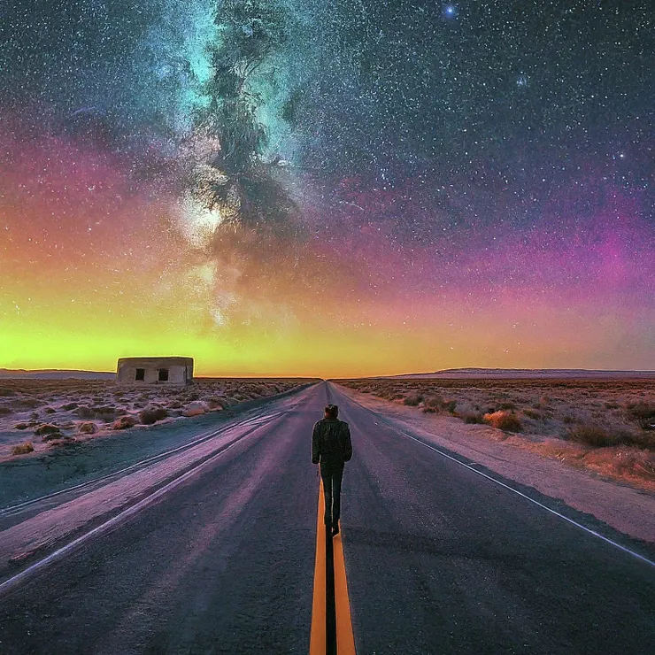 Man on an unrealistic road, generated by Bard