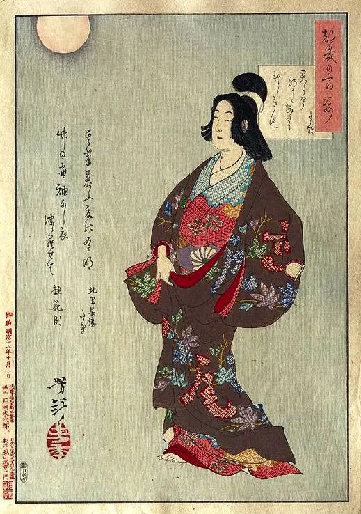 「君は今駒かたあたりほとゝきす」（月岡芳年《月百姿》）明治時代的浮世繪中描繪的是第二代高尾太夫，題名所用的句子是詠贈返回隅田川的伊達綱宗。