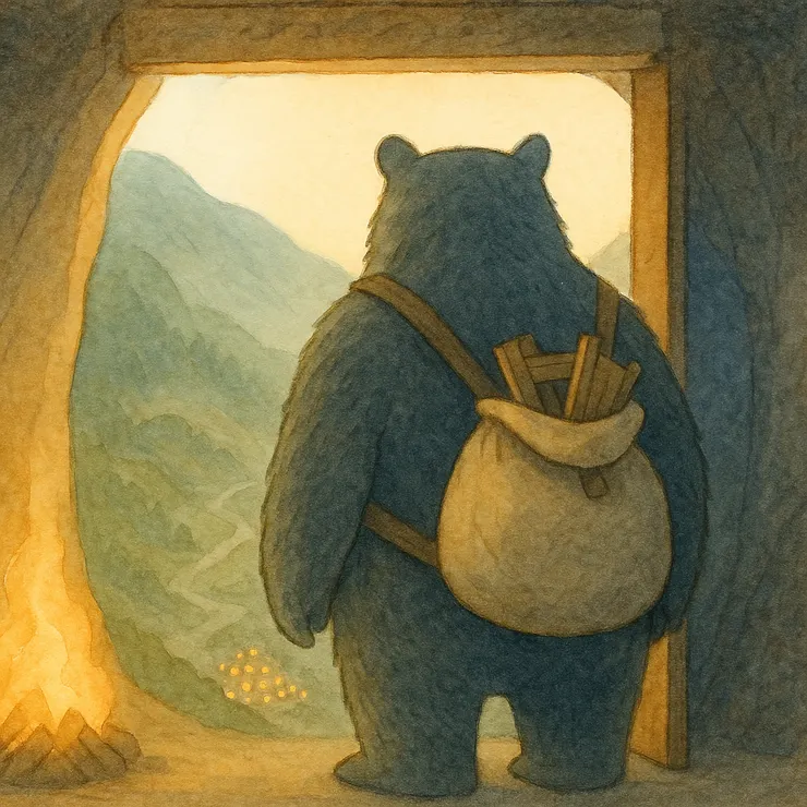 一個背著補給包的身影正要跨出洞口， 包裡叮噹作響的，不只是工具， 還有從遠方寄來的一張薄卡和許多語錄， 準備被帶去別人的門邊坐一會兒。