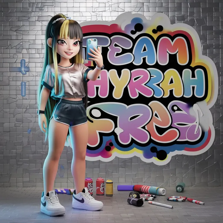 A 3D rendering of an anime chibi style girl with long, straight blonde hair and highlights. She is wearing a satin blouse, sports shorts, a blue watch, and white Nike sneakers. She holds a cell phone and takes a selfie. The background is a colorful graffiti style logo or nickname on a brick wall. The logo contains the text "TEAM FHYRRAH FREE " in a fun bubble-shaped font. There are various graffiti shop tools such as markers and spray cans in red, blue, yellow and other shades scattered on the floor. The background has a silver brick wall texture. There are some casino chips next to the girl