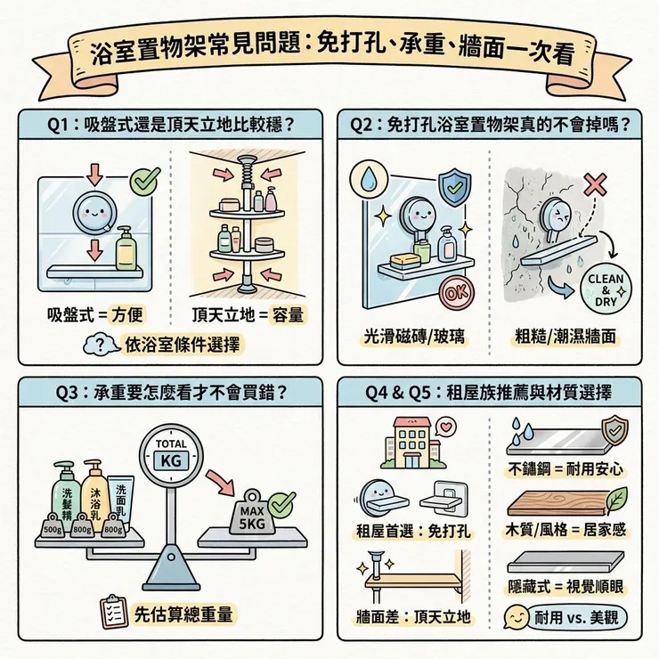 浴室置物架常見問題：免打孔、承重、牆面一次看