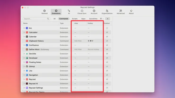 Raycast 的指令可以設定 Alias 與 Hotkey