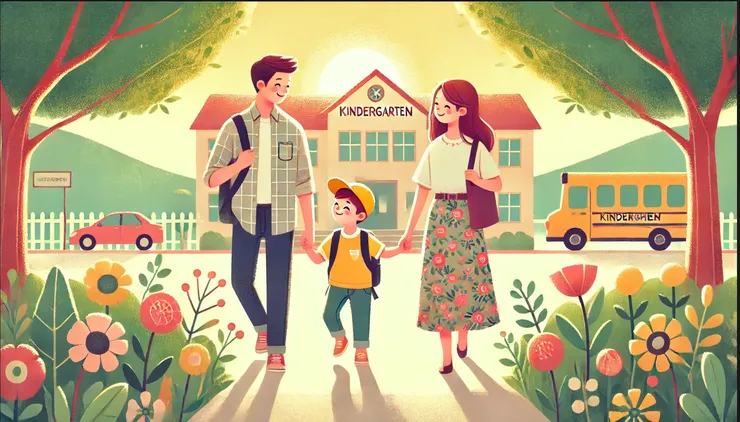 父母帶著孩子去上學