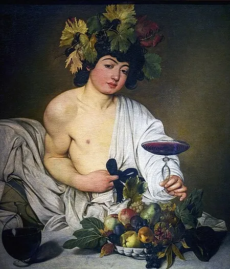 Caravaggio-希臘酒神Bacchus被視為巴洛克時期的傑作，描述著象徵羅馬時期葡萄酒與生育之神倚靠在葡萄床上