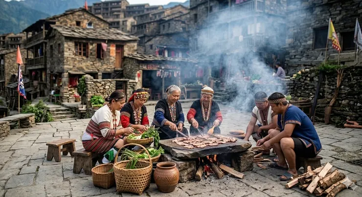 戶外廣場上正在準備石板烤肉的一家人