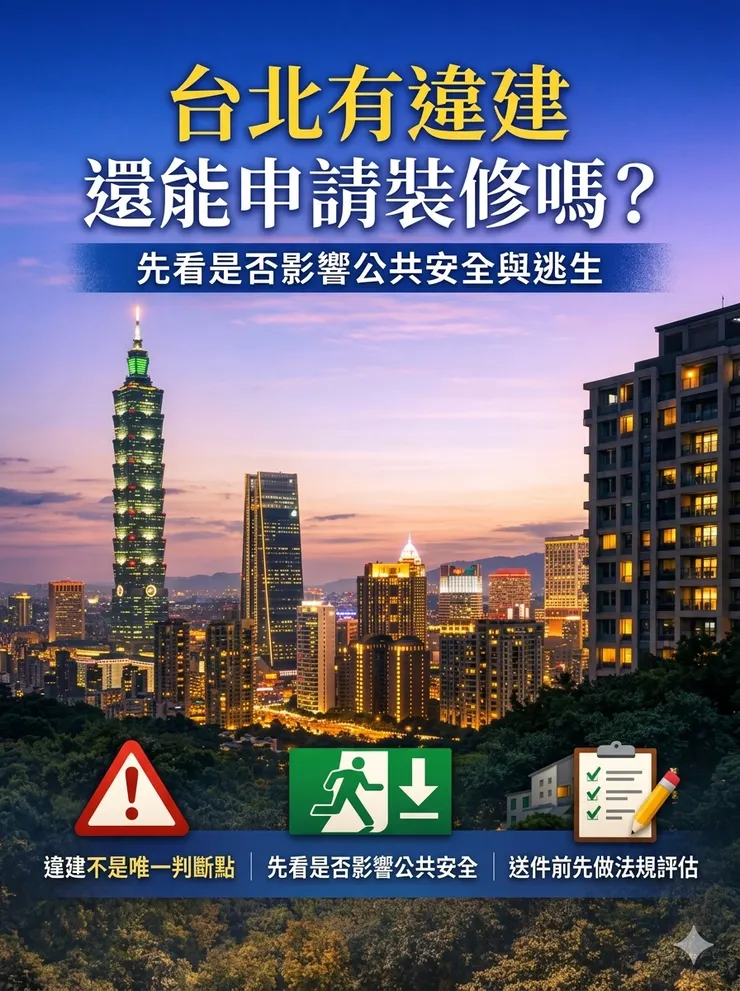 台北市有違建的空間，不一定完全不能申請室內裝修審查；真正關鍵在於是否影響公共安全、逃生動線與避難條件，送件前應先做法規評估。