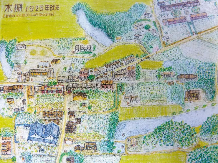 張傳生《木柵1925年秋天》局部。鉅細靡遺描繪了童年時期的地景。（圖片來源：聯合報）