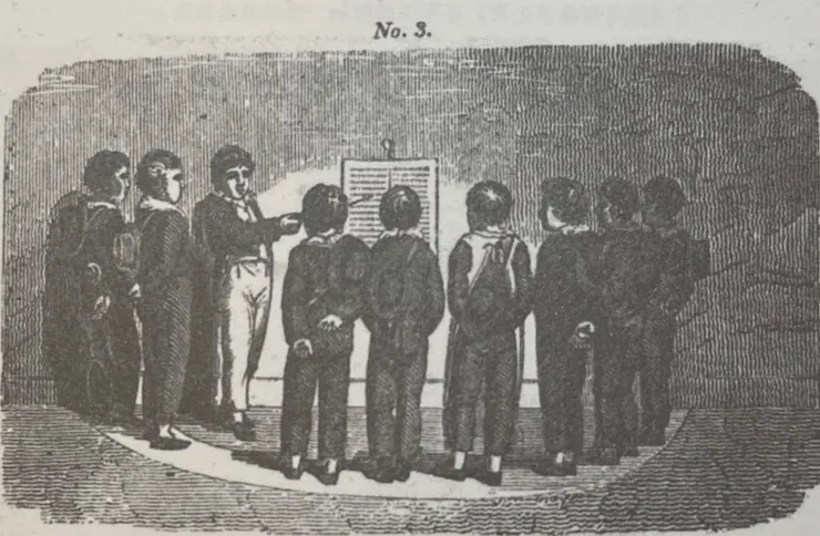 「小老師」教班上其他學生（截自《冒險之書》，原圖來自蘭開斯特所著的《英國的教育制度》）