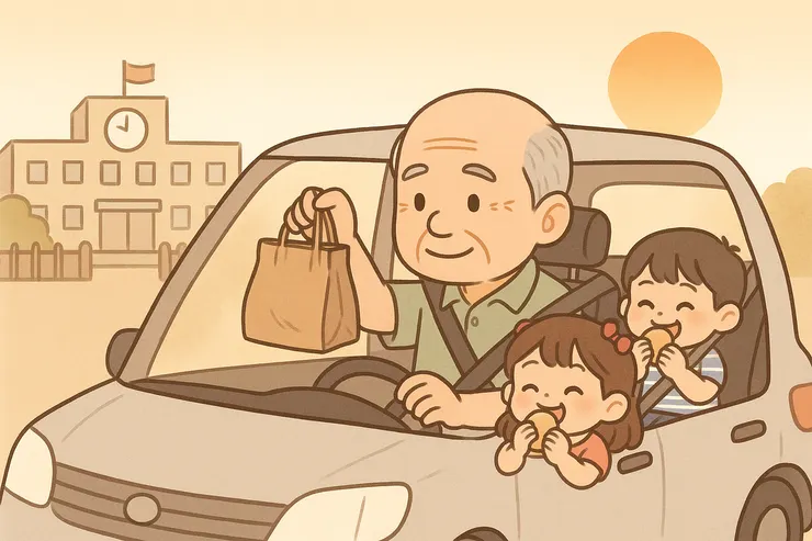 孩子開心上車、阿公手拿點心袋，背景是放學校門