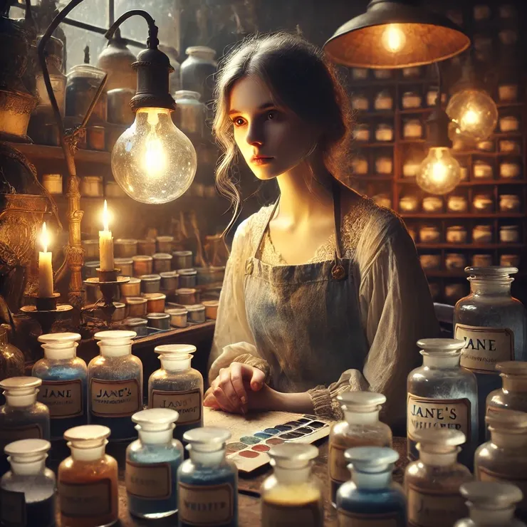 In her secluded workshop, she worked late into the night beneath the pale glow of antique lamps, surrounded by glass jars filled with colors that defied description - each extracted from cherished, faded portraits.