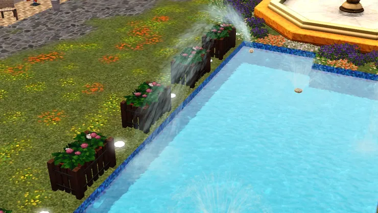 我特意安裝了能射很多水和射得高的噴頭，所以很多地方都能看到水柱。