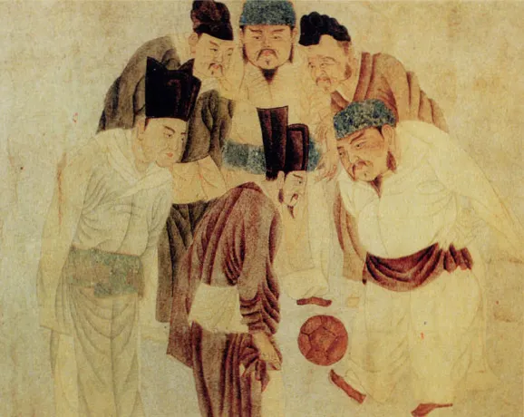 【附圖：宋太祖蹴鞠圖 / Emperor Taizu of Song playing cuju with Prime Minister Zhao Pu, by the Yuan-era painter Qian Xuan (公元 1235 ~ 1305 年) / 圖文採編自 Wikipedia】