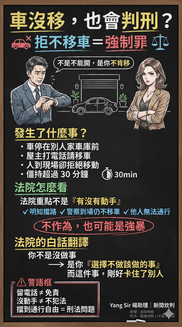 把車停在人家門口不移，恐會有刑事責任