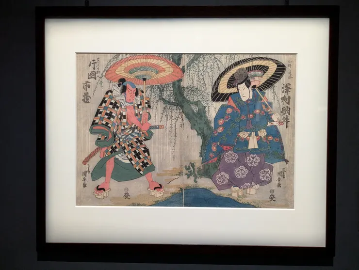 初代澤村訥升所飾之小野道風、初代片岡市蔵所飾之獨鈷馱六--歌川國安