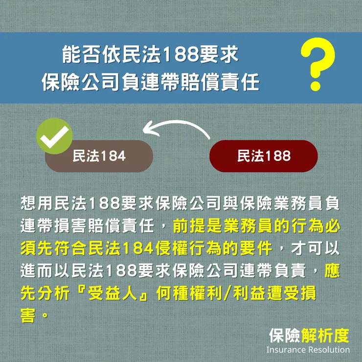 能否依民法188要求 保險公司負連帶賠償責任想用民法188要求保險公司與保險業務員負連帶損害賠償責任,前提是業務員的行為必須先符合民法184侵權行為的要件,才可以進而以民法188要求保險公司連帶負責,應先分析『受益人』何種權利/利益遭受損害。