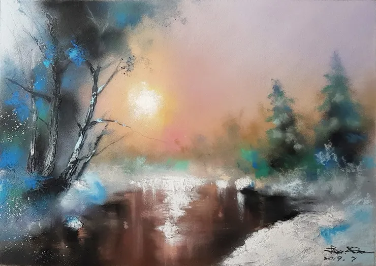 起霧的湖邊 (媒材:粉彩)