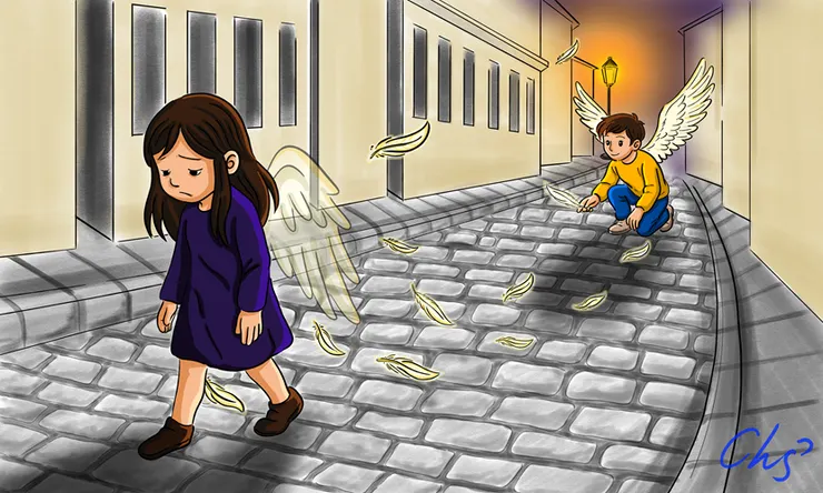 兩個羽毛等待交會，準備起飛，帶給世界善良和溫暖。