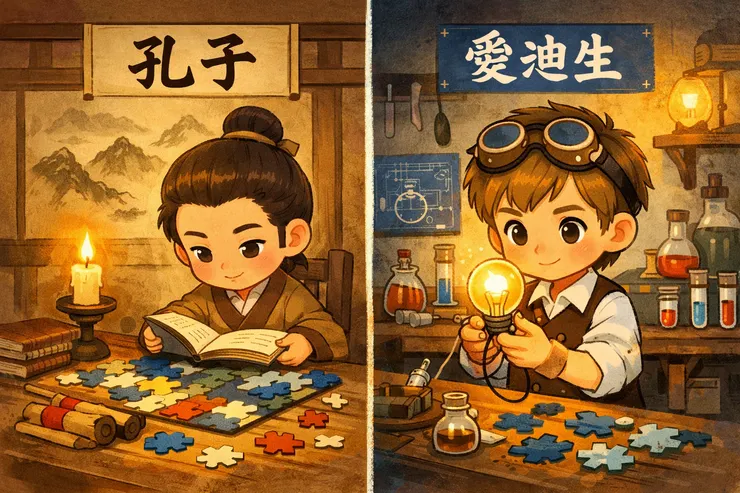 左側孔子年輕時勤奮學習，右側愛迪生在實驗室反覆試驗燈泡。毅力，是長期目標上的熱情與持續努力。