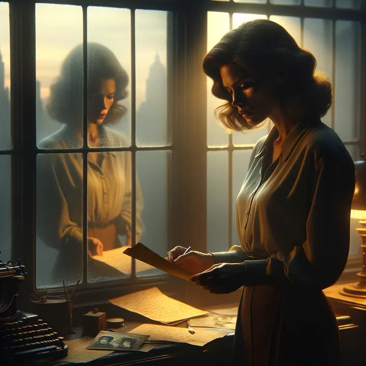 In the dim light of dusk, Jane stood by the window.