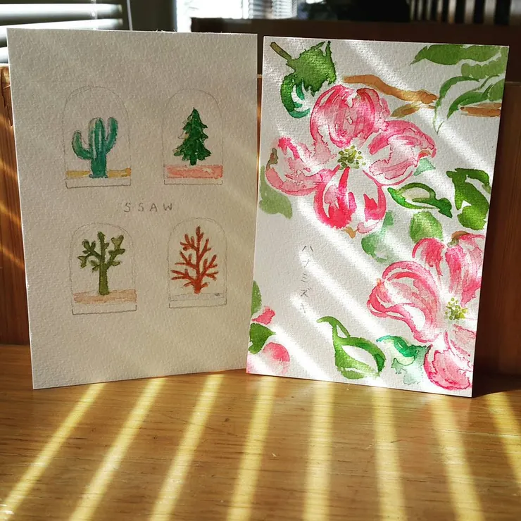 我的嗜好：不時以水彩繪製明信片後寄給朋友。這個興趣已經持續了五年以上。