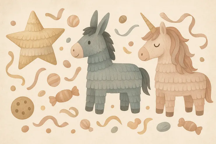 皮納塔之造型示意圖。（星星、小驢子、獨角獸。）〈本示意圖由AI協助生成。〉