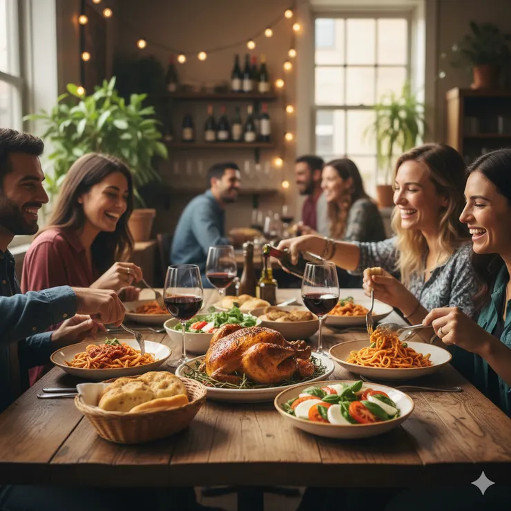 餐廳用餐情境，溫馨空間，食物為主角，適合品牌形象與官網使用