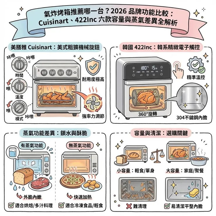 氣炸烤箱推薦哪一台？2026 品牌功能比較：Cuisinart、422Inc 六款容量與蒸氣差異全解析