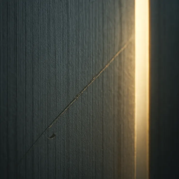 木門內側的窄刻痕沿紋理延伸，末端是一個極小的逗點形弧。晨灰斜光從門縫切入，將纖維邊緣照得清亮。
