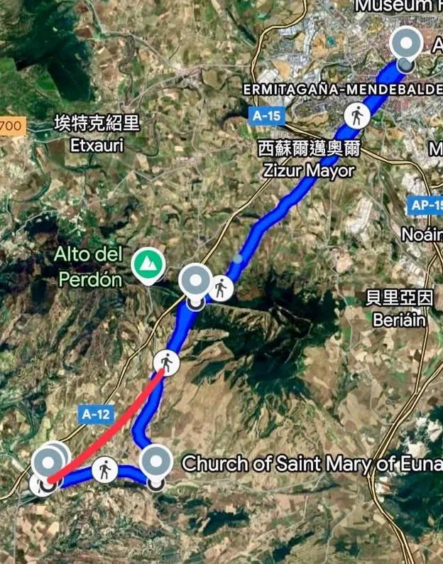 紅線是官方的路線,藍線則是繞路去聖母瑪利亞的家